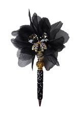 Dressed to the Nines | Crystal Bow, Black Tulle Bloom & Gold Globe Pen