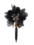 Dressed to the Nines | Crystal Bow, Black Tulle Bloom & Gold Globe Pen