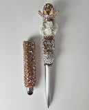 The Crowned Goddess | Champagne Crystal, White Bloom & Gold Crown Stylus Pen
