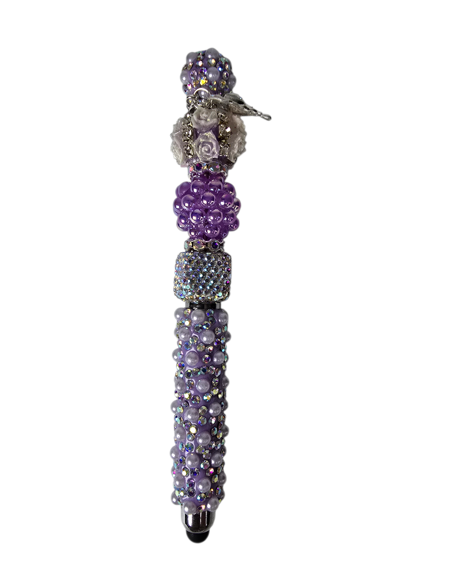 Decorative pen with purple beads and gemstones on a white background