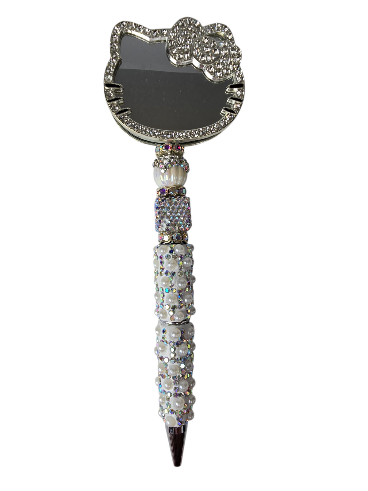 She Reflects in Silver | Hello Kitty Mirror, White Pearl & AB Crystal Pen