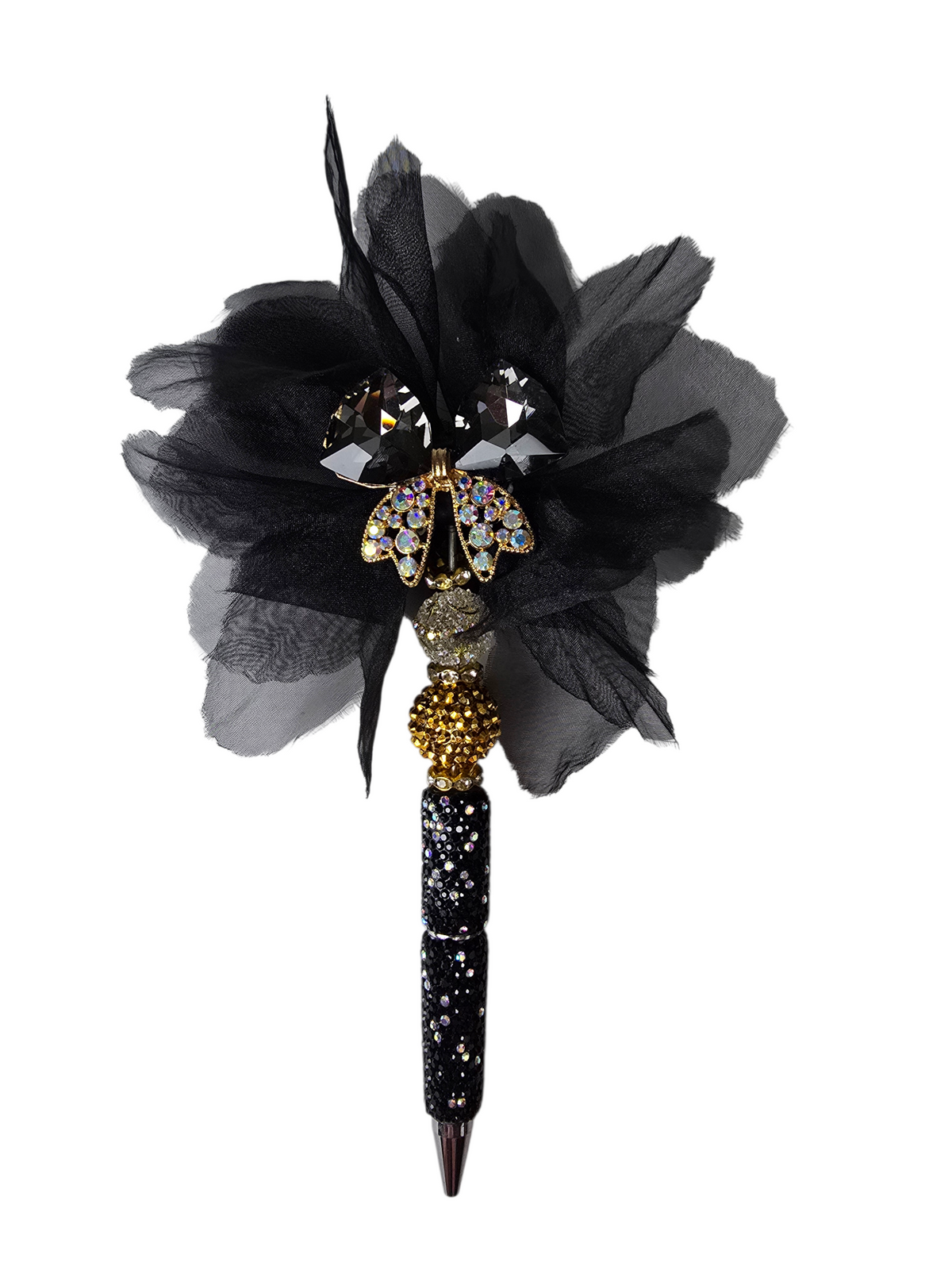Dressed to the Nines | Crystal Bow, Black Tulle Bloom & Gold Globe Pen