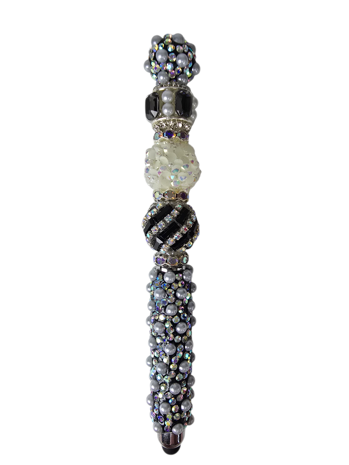 The Editorial | Grey Pearl, Black Stripe & White AB Crystal Stylus Pen