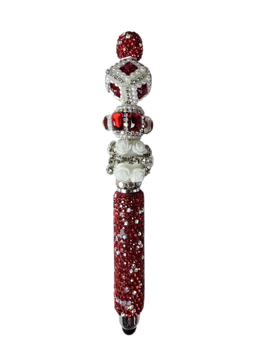 The Power Petal | Ruby Glitter, White Rose Charm & Silver Crystal Stylus Pen