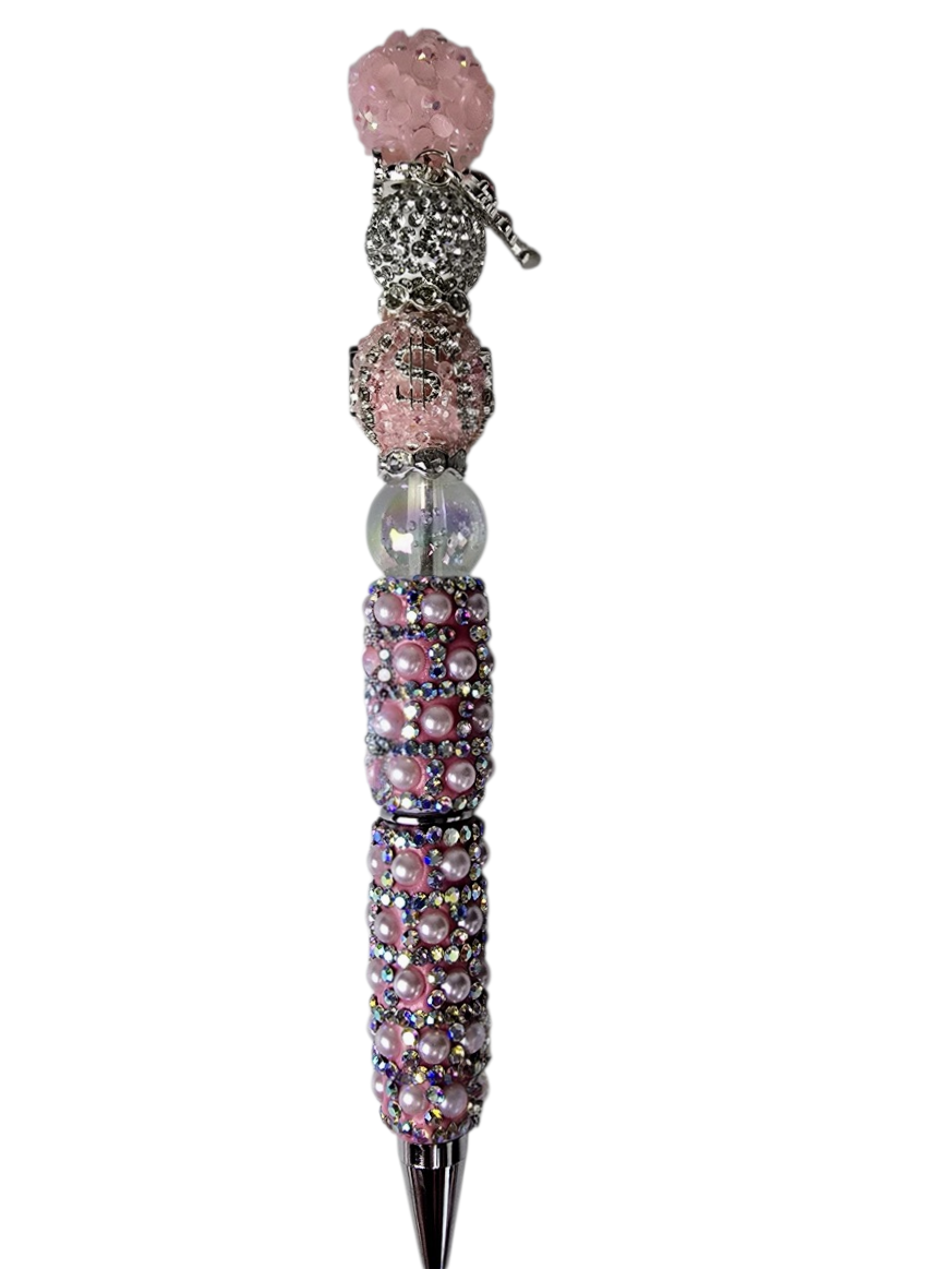 She Signs in Pink | Pink Pearl, Dollar Sign Charm & Crystal Globe Pen