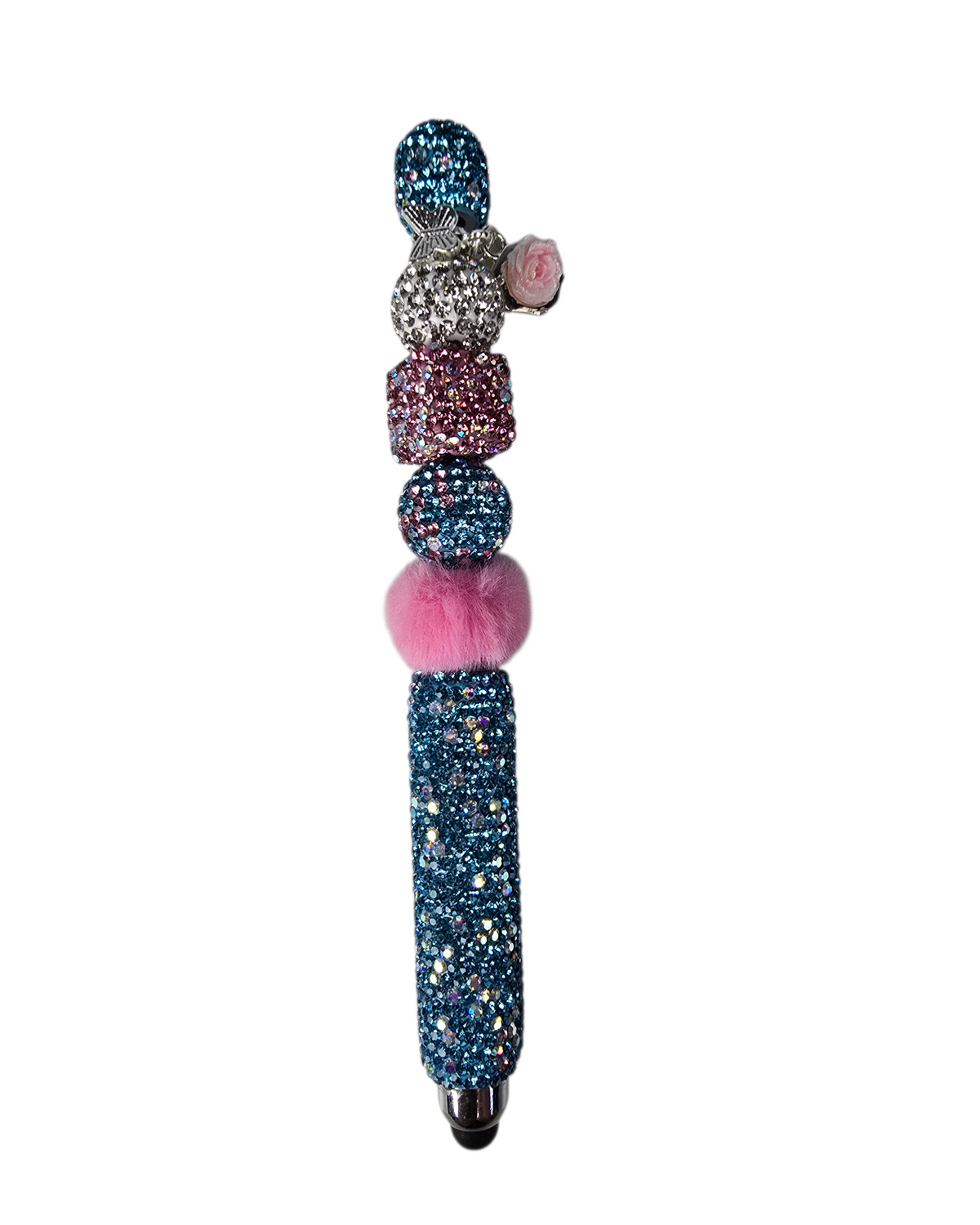 The Ocean Rose | Teal Glitter, Pink Fur & Silver Pavé Stylus Pen