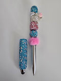 The Ocean Rose | Teal Glitter, Pink Fur & Silver Pavé Stylus Pen