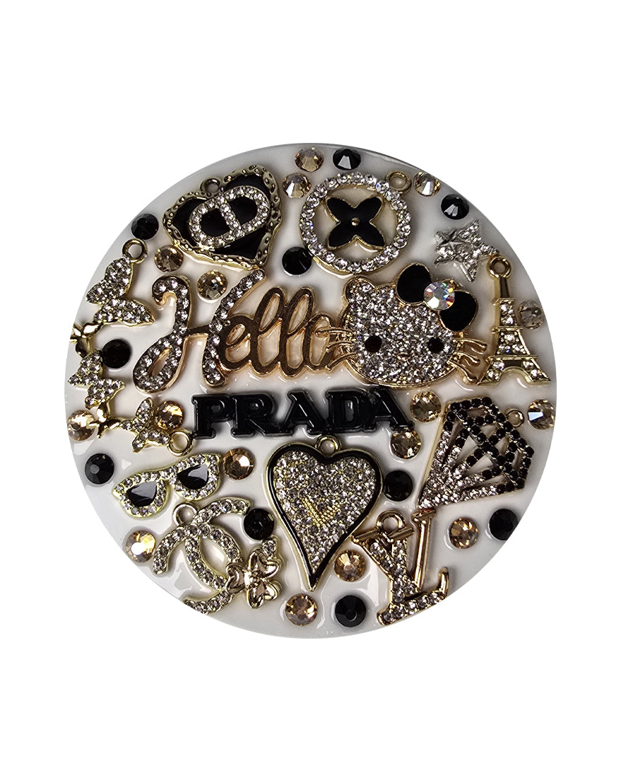 Hello Prada | White, Black & Gold Crystal Designer Compact Mirror