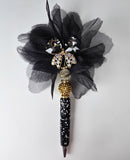 Dressed to the Nines | Crystal Bow, Black Tulle Bloom & Gold Globe Pen